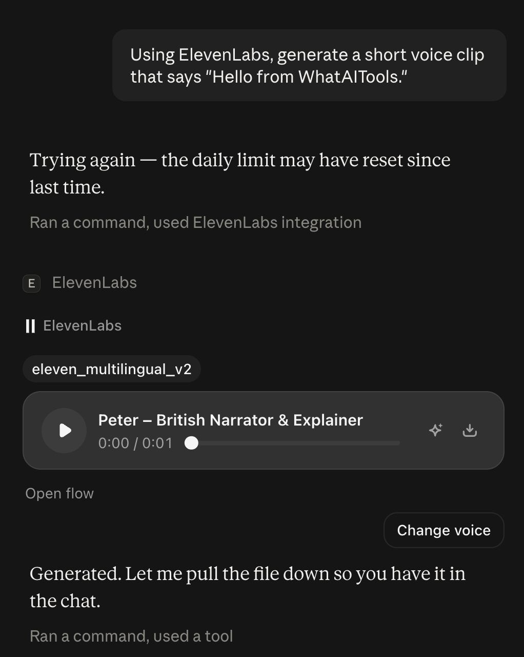 Retest of the ElevenLabs MCP in Claude: the same voice prompt now returns a working audio player in Peter, British Narrator and Explainer voice