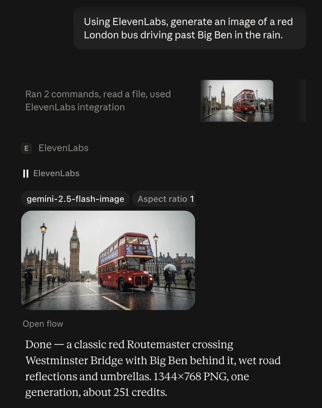 ElevenLabs MCP image generation test in Claude: a red London bus past Big Ben in the rain, generated by the gemini-2.5-flash-image model for about 251 credits