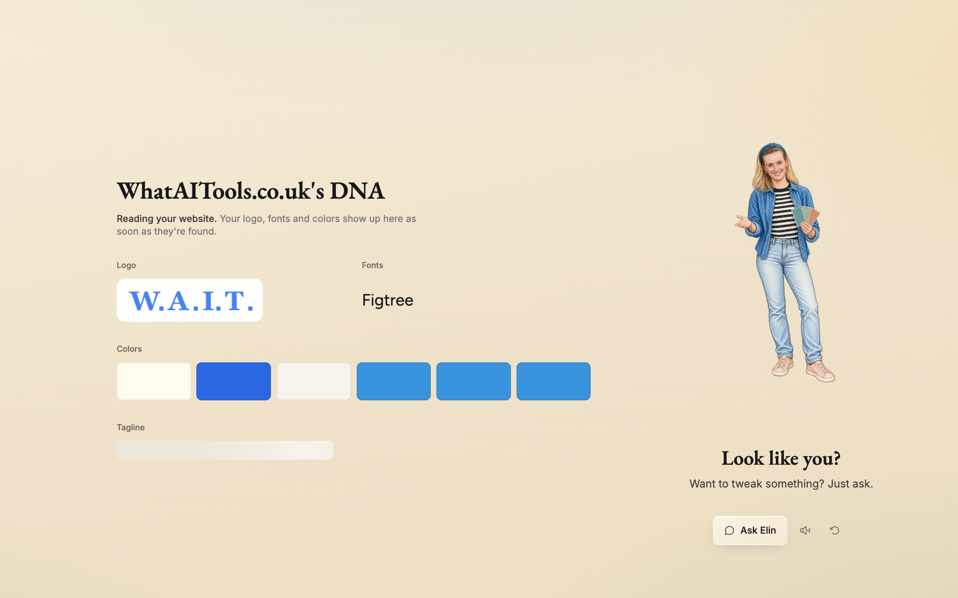 Native.no Pro onboarding: the brand DNA screen showing the WhatAITools logo, colour palette, font and tagline it extracted