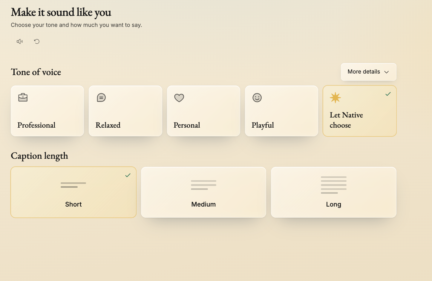 Native.no Pro onboarding: tone of voice and caption length options, including letting Native choose