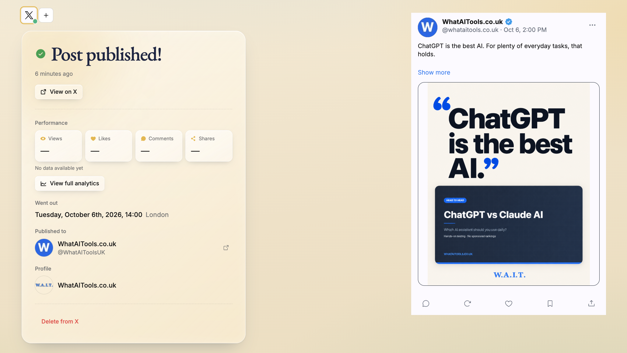 Native.no confirmation of my first post published to X, a quote card from my ChatGPT vs Claude comparison