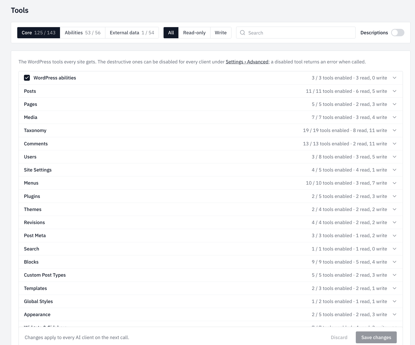 Easy MCP AI tools screen: per-category read and write toggles for the core WordPress tools