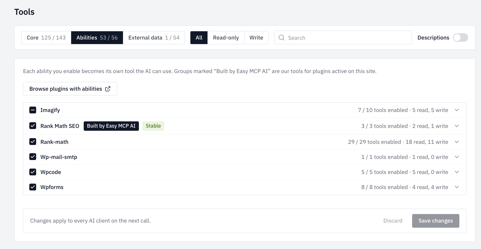Easy MCP AI abilities screen: per-plugin tool toggles for Rank Math, WPCode, Imagify and others