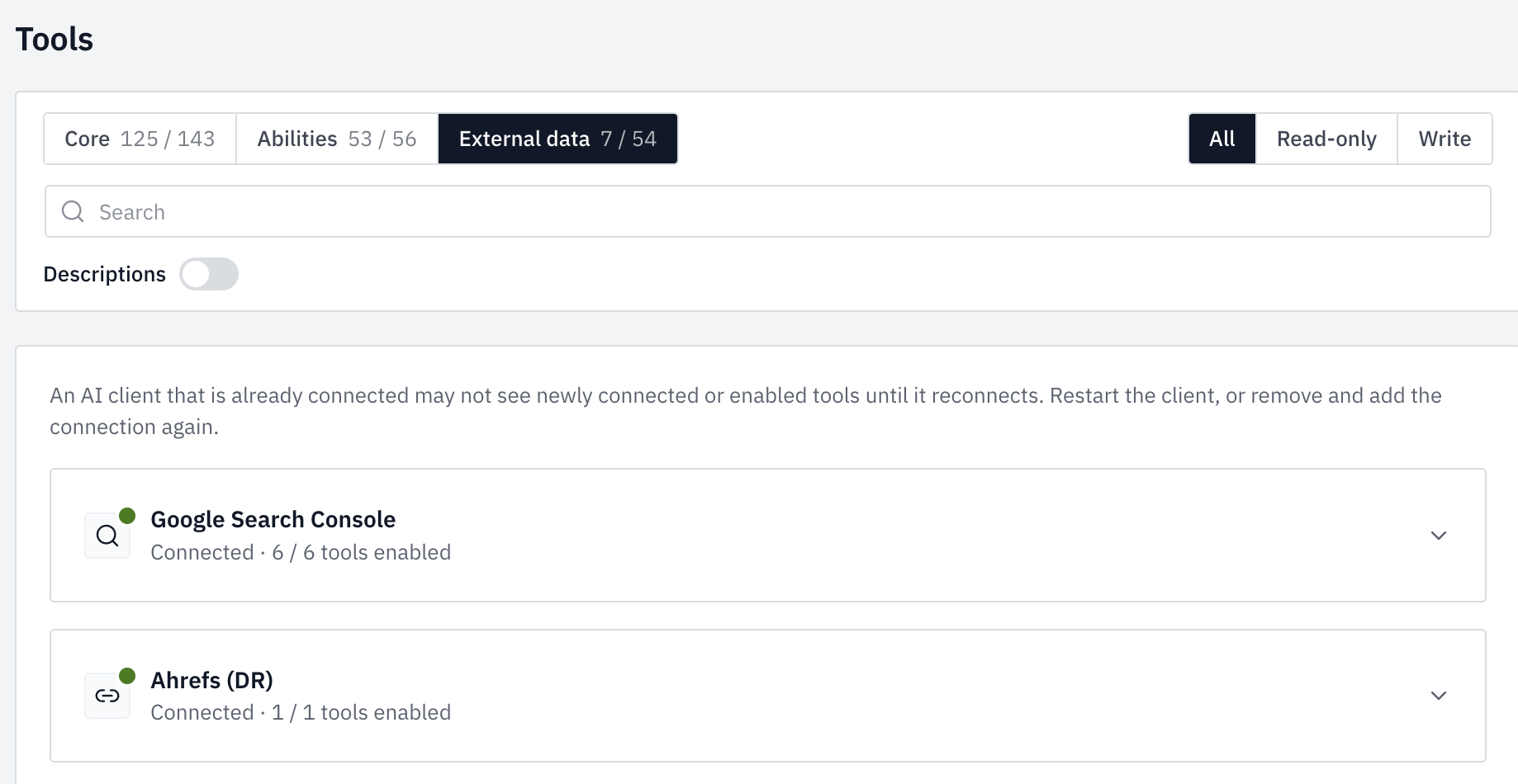 Easy MCP AI External data screen: Google Search Console connected with 6 of 6 tools enabled, plus Ahrefs domain rating